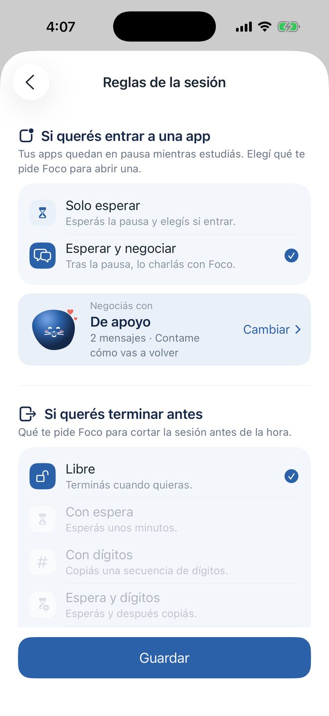 Reglas de la sesión: qué te pide Foco para entrar a una app o terminar antes.